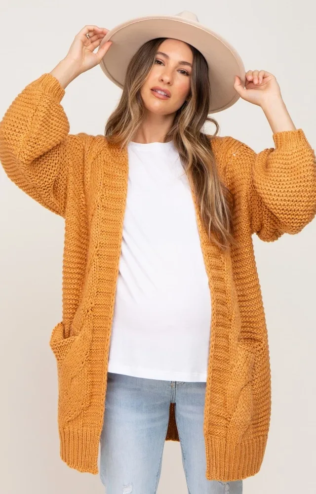 Camel Cable Knit Front Pocket Maternity Cardigan