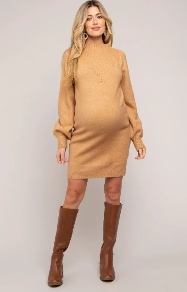 Camel Chunky Knit Maternity Sweater Dress