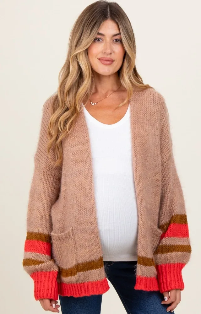 Camel Chunky Knit Stripe Detail Maternity Sweater Cardigan