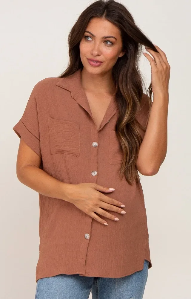 Camel Collared Button-Down Maternity Blouse