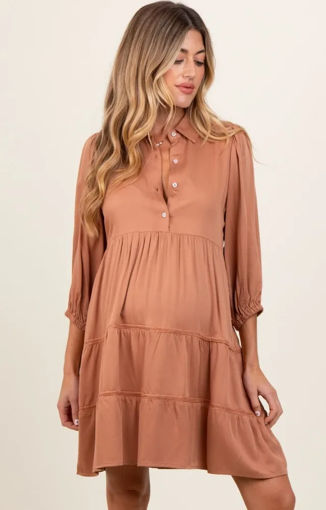 Camel Collared Tiered Maternity Dress