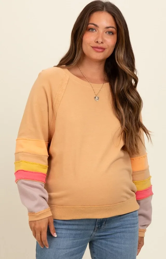 Camel Colorblock Sleeve Maternity Pullover