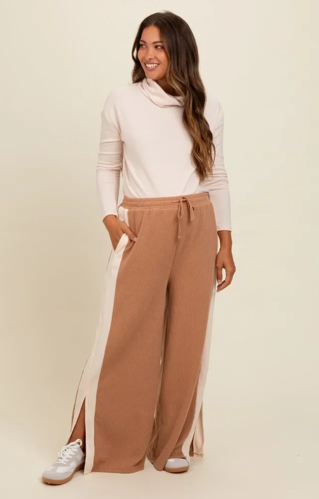 Camel Contrast Stripe Side Slit Maternity Pants