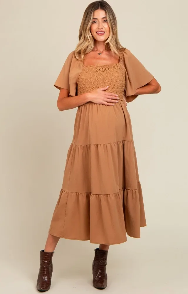 Camel Crochet Tiered Lace Maternity Midi Dress