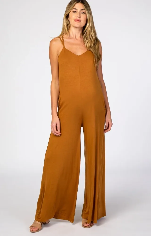 Camel Cross Back Wide Leg Maternity Jumpsuit