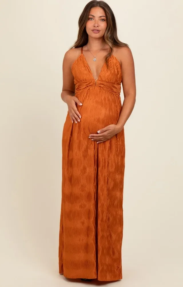 Camel Deep V-Neck Textured Satin Maternity Maxi Dress