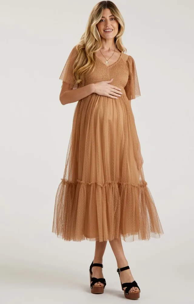 Camel Dotted Tulle Smocked Maternity Midi Dress