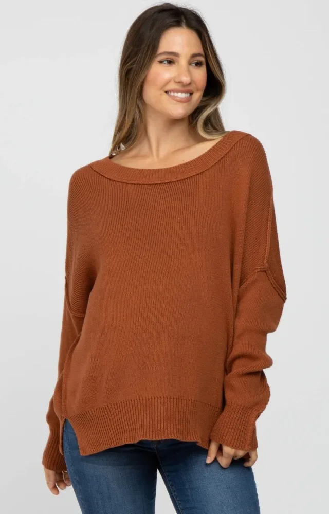 Camel Exposed Seam Side Slit Maternity Sweater