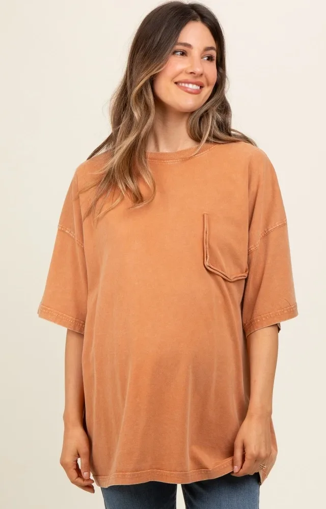 Camel Faded Wash Maternity Short Sleeve Top