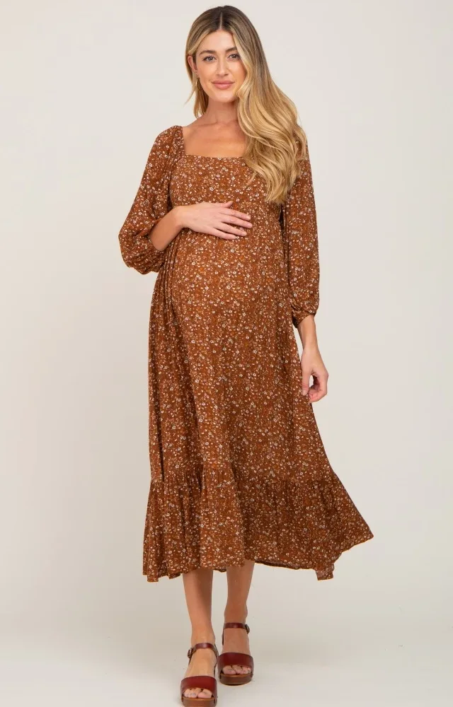 Camel Floral 3/4 Sleeve Maternity Midi Dress