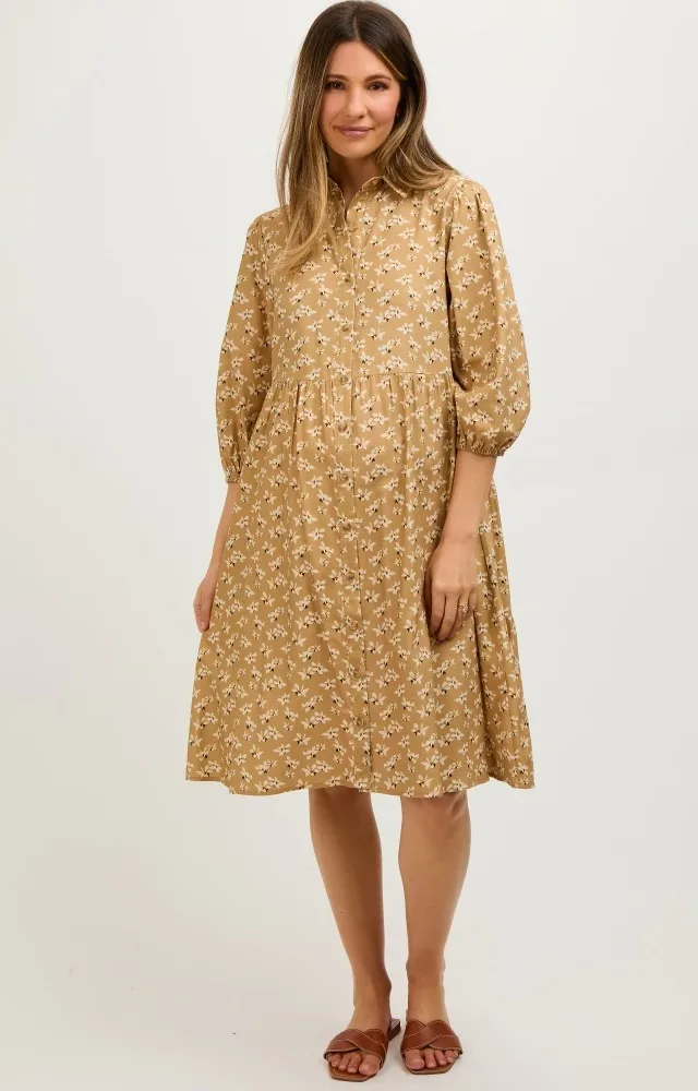 Camel Floral Button Front 3/4 Sleeve Maternity Dress