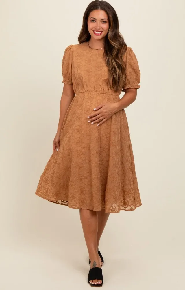 Camel Floral Embroidered Overlay Maternity Midi Dress