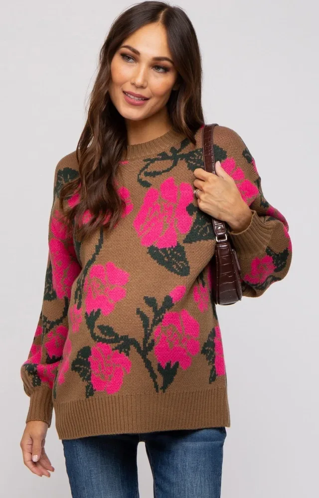 Camel Floral Print Maternity Sweater