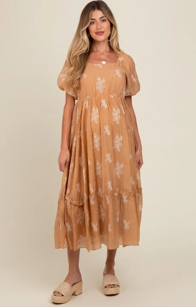 Camel Floral Print Ruffle Hem Maternity Maxi Dress