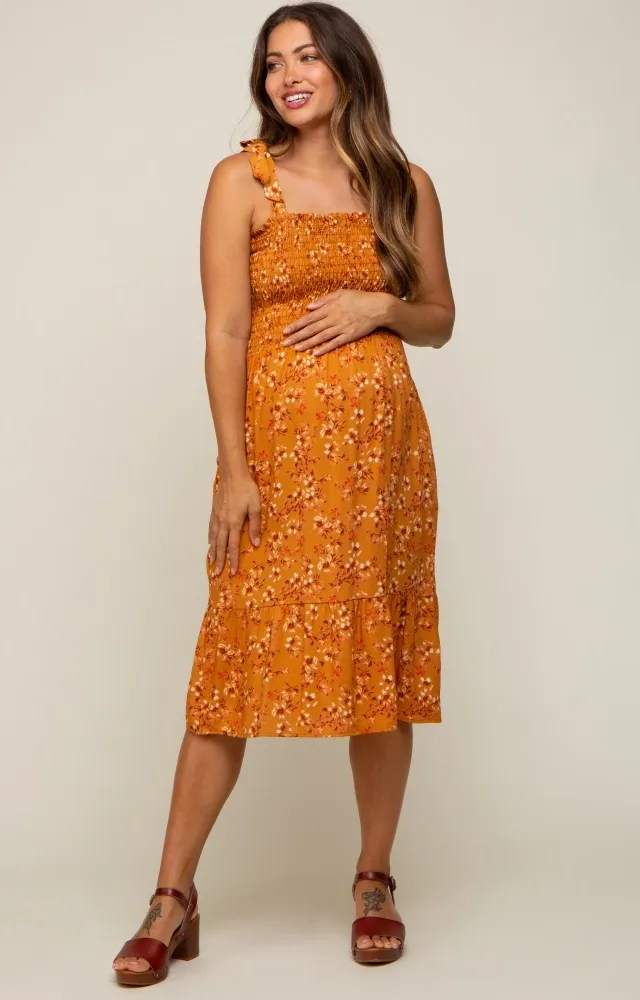 Camel Floral Shoulder Tie Smocked Maternity Dress