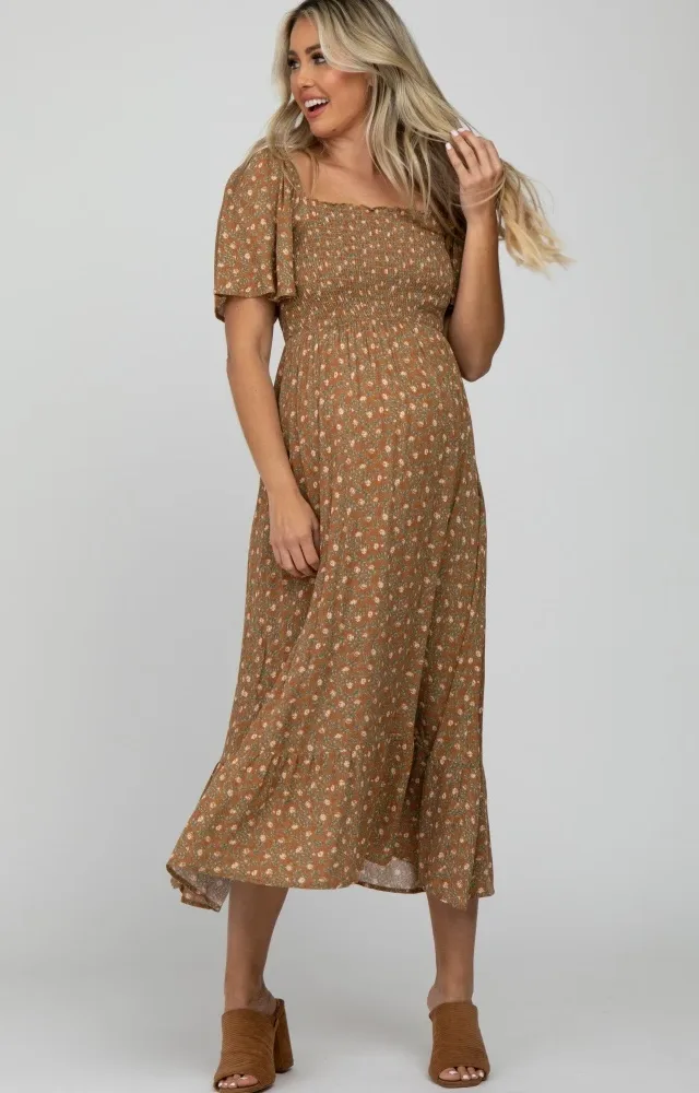 Camel Floral Smocked Square Neck Maternity Midi Dress