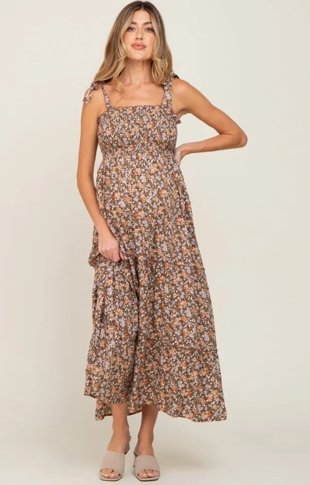 Camel Floral Tiered Maternity Maxi Dress