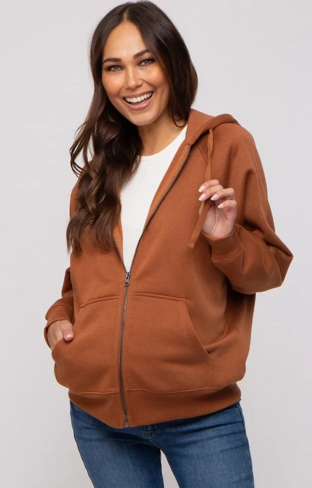 Camel Front Zipper Hooded Maternity Sweater