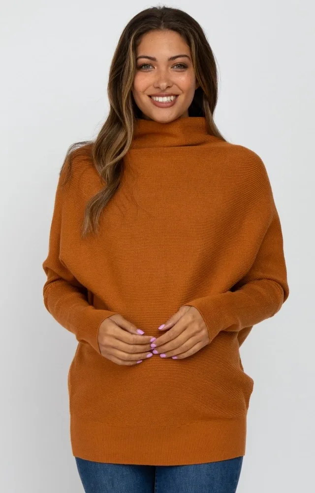 Camel Funnel Neck Maternity Sweater