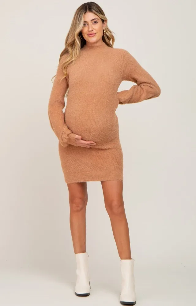 Camel Fuzzy Knit Puff Sleeve Maternity Dress