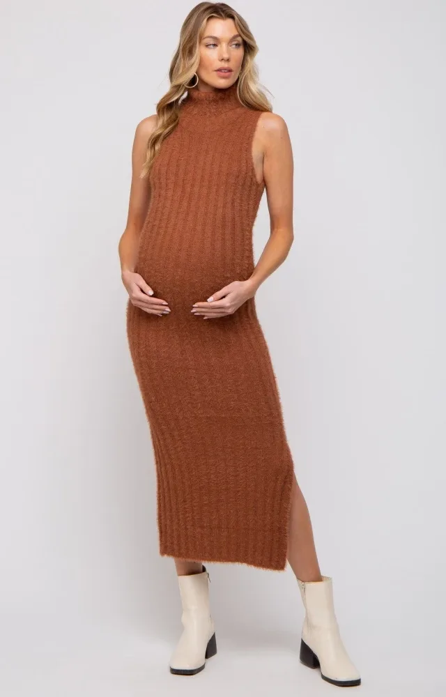 Camel Fuzzy Knit Turtle Neck Maternity Midi Dress