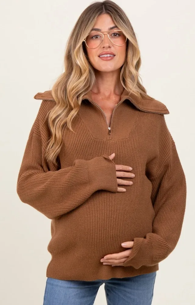 Camel Half Zip Chunky Knit Maternity Pullover Sweater