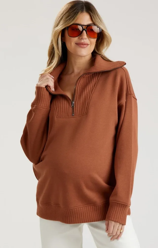 Camel High-Neck Maternity Fleece Pullover