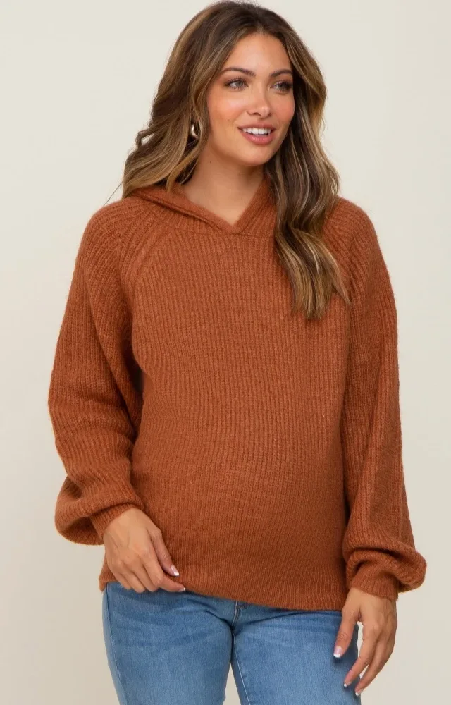 Camel Hooded Maternity Sweater