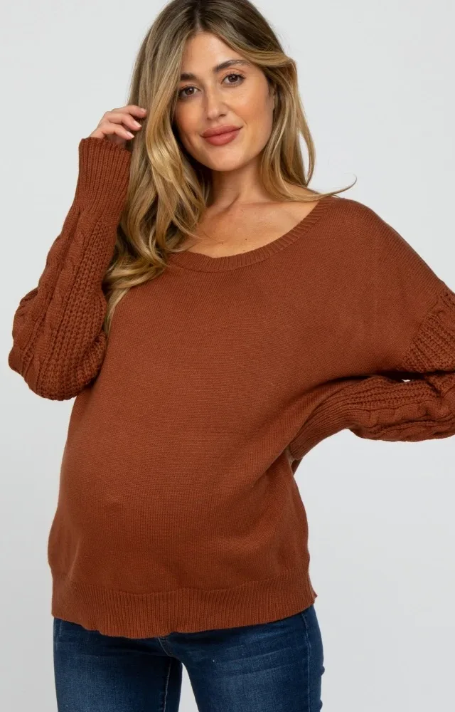 Camel Knit Braided Sleeve Maternity Sweater