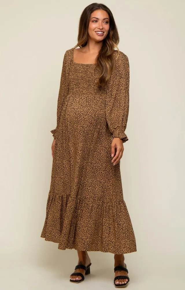 Camel Leopard Print Square Neck Smocked Maternity Dress