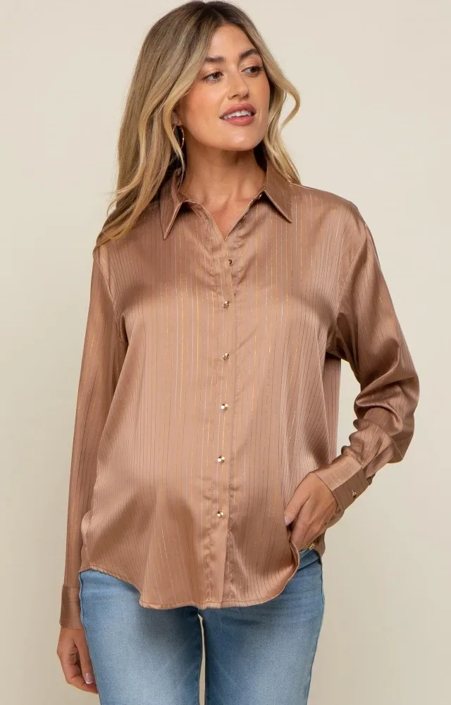 Camel Metallic Stripe Satin Maternity Long Sleeve Blouse