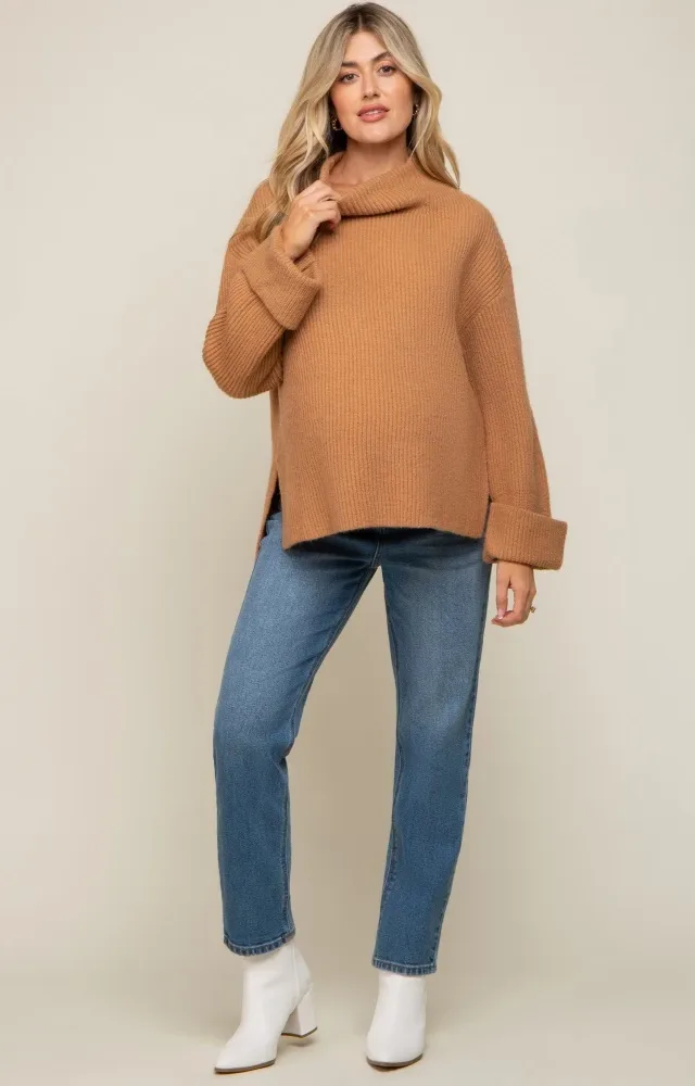 Camel Mock Neck Chunky Knit Maternity Sweater