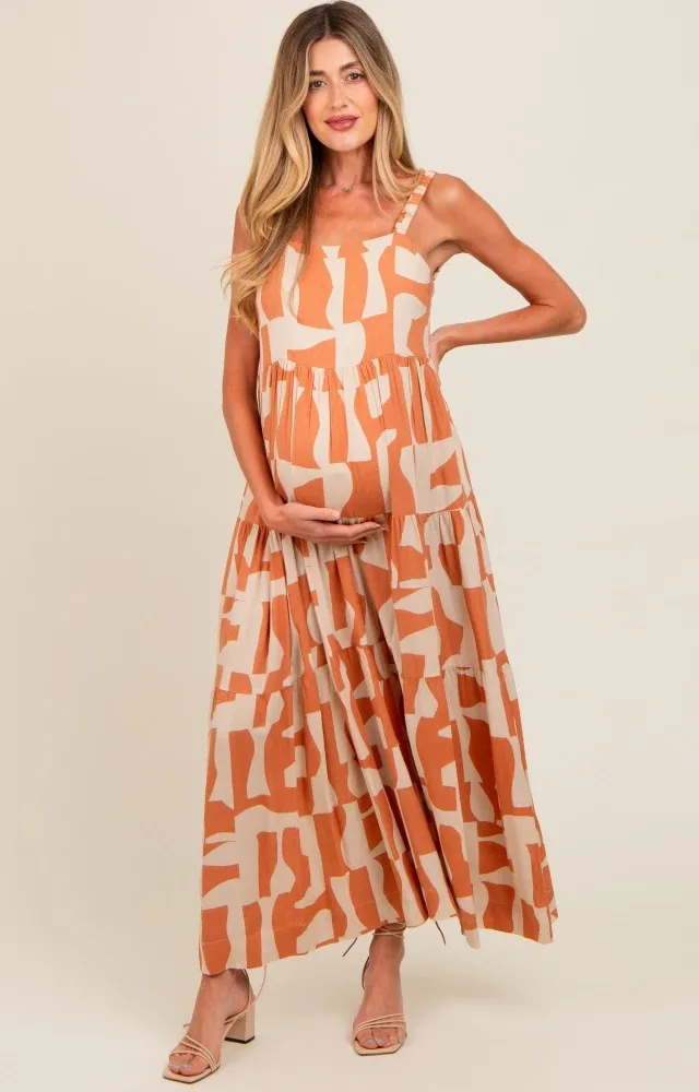 Camel Printed Tiered Maternity Maxi Dress