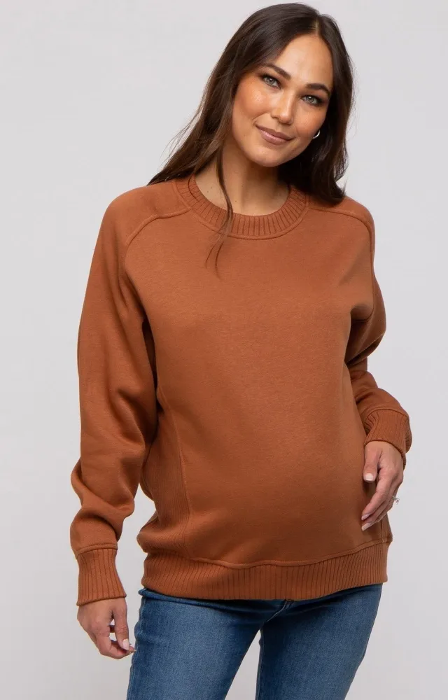 Camel Pullover Maternity Terry Crewneck