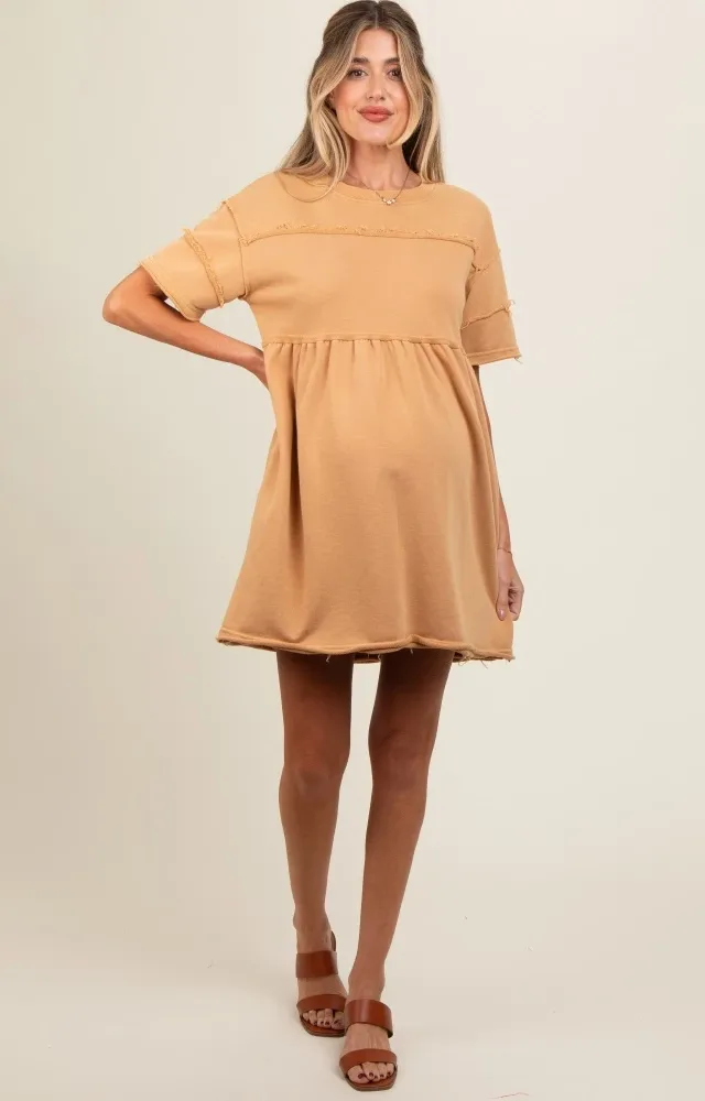 Camel Raw Hem Maternity Short Sleeve Dress