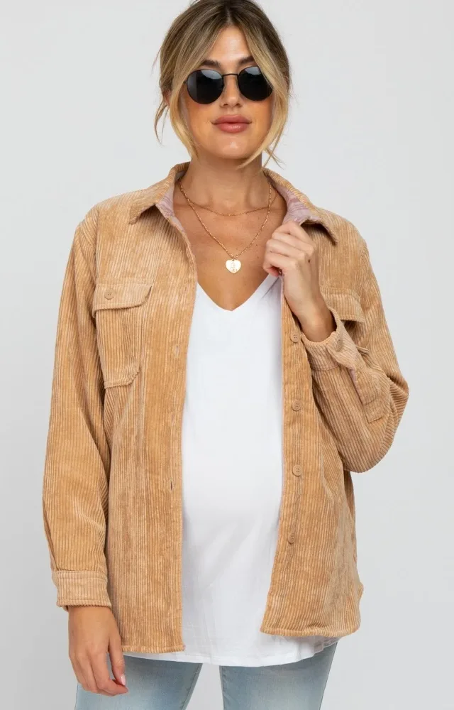 Camel Reversible Maternity Shirt Jacket