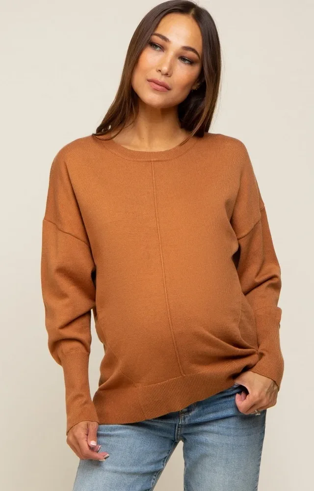 Camel Rib Knit Exposed Seam Maternity Sweater