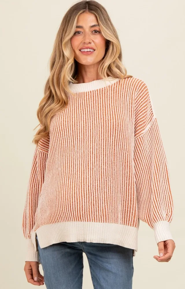 Camel Ribbed Balloon Sleeve Maternity Sweater