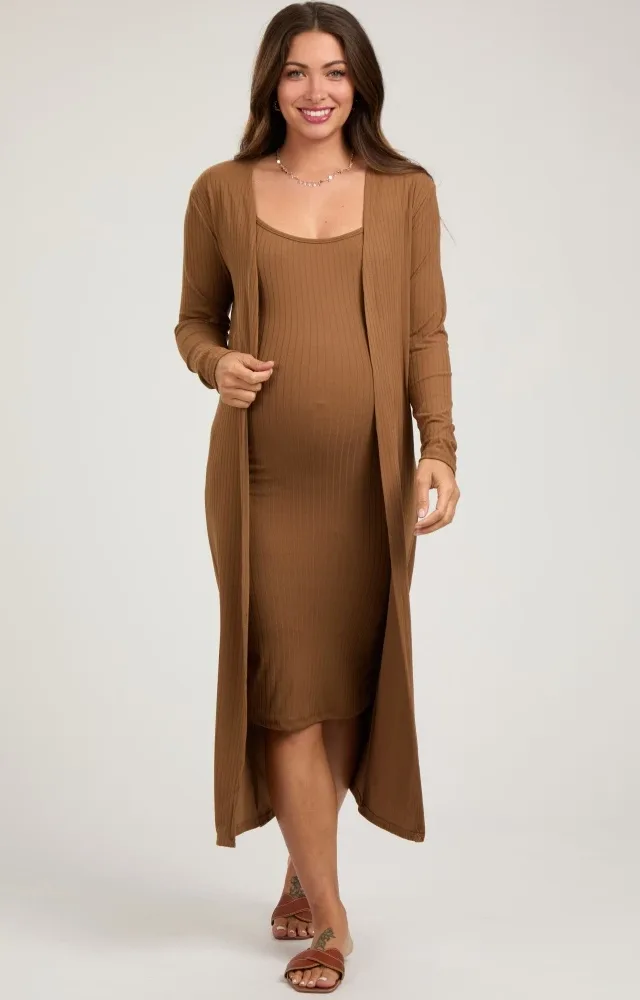 Camel Ribbed Cardigan 2 Piece Maternity Set