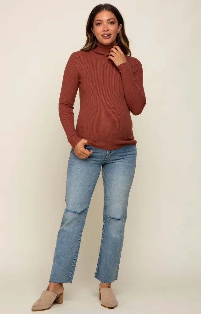 Camel Ribbed Fitted Long Sleeve Maternity Top