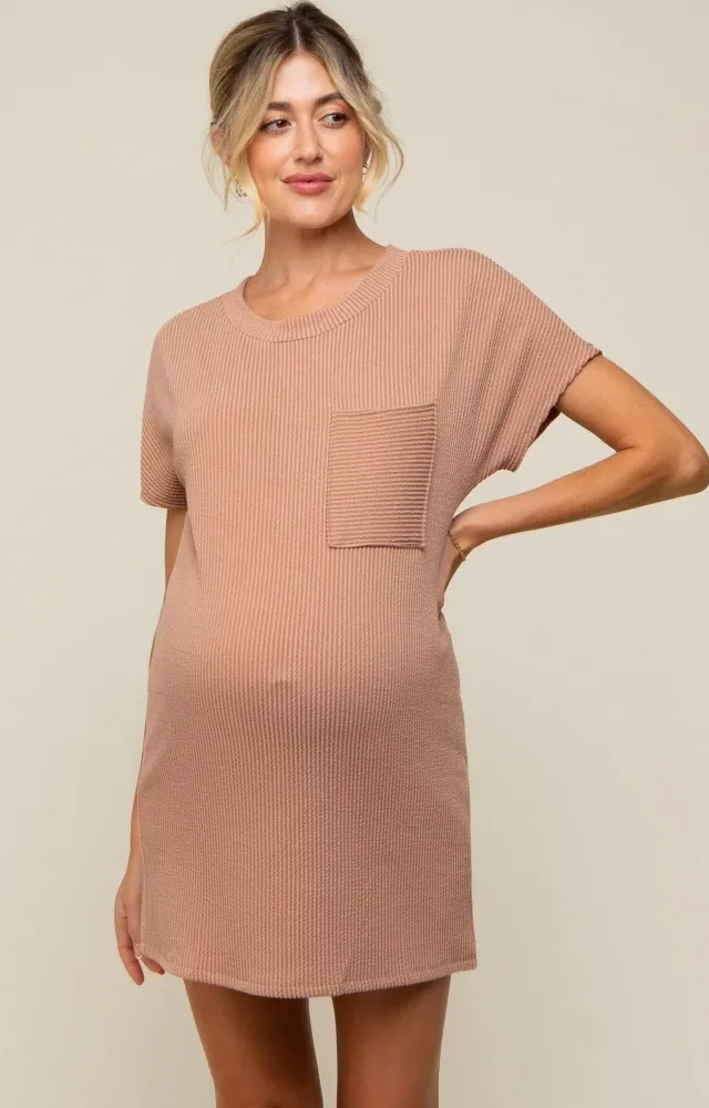 Camel Ribbed Front Pocket Dolman Short Sleeve Maternity Dress