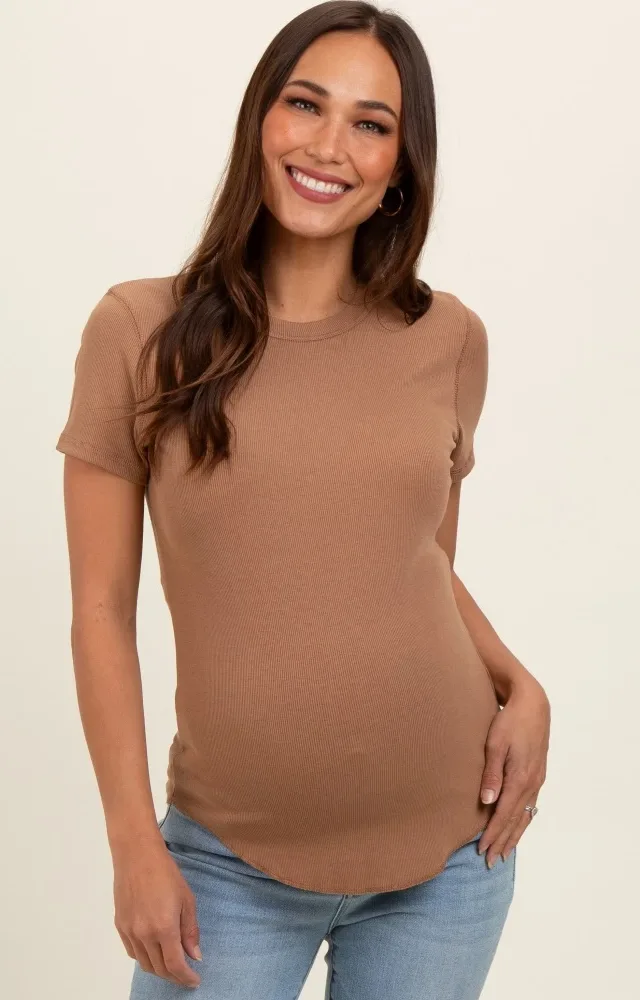 Camel Ribbed Short Sleeve Curved Hem Maternity Top