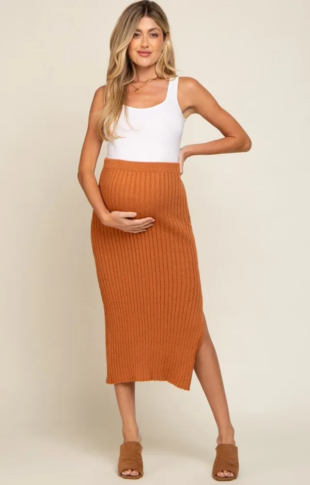 Camel Ribbed Side Slit Sweater Maternity Midi Skirt