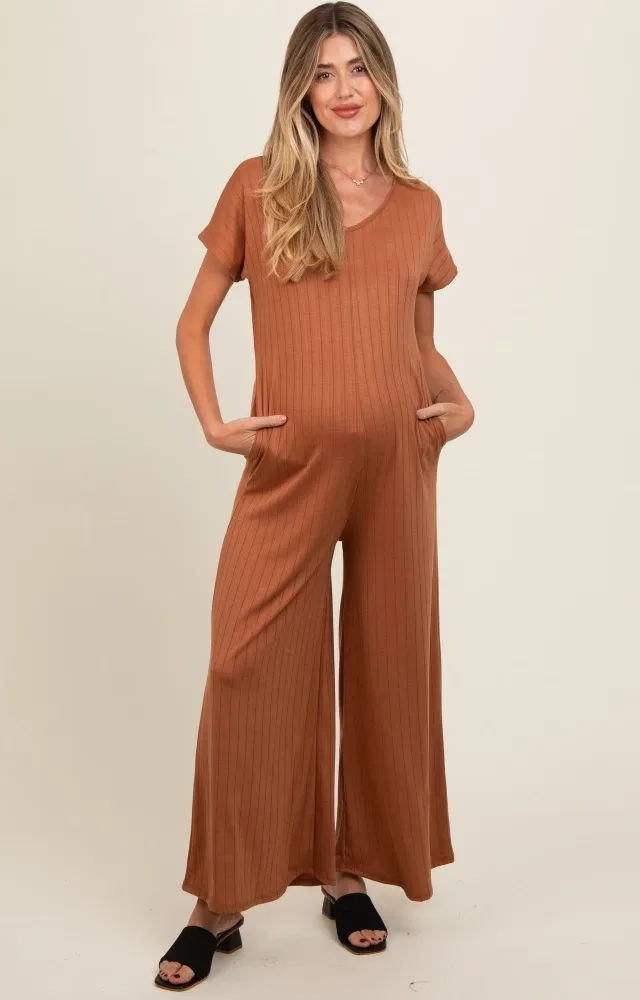 Camel Ribbed Wide Leg Maternity Jumpsuit