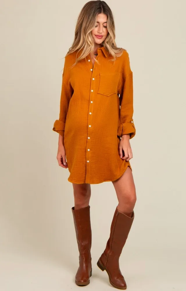 Camel Rolled Cuff Maternity Button Down Dress