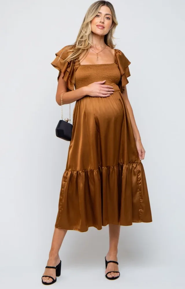 Camel Satin Flutter Sleeve Maternity Midi Dress