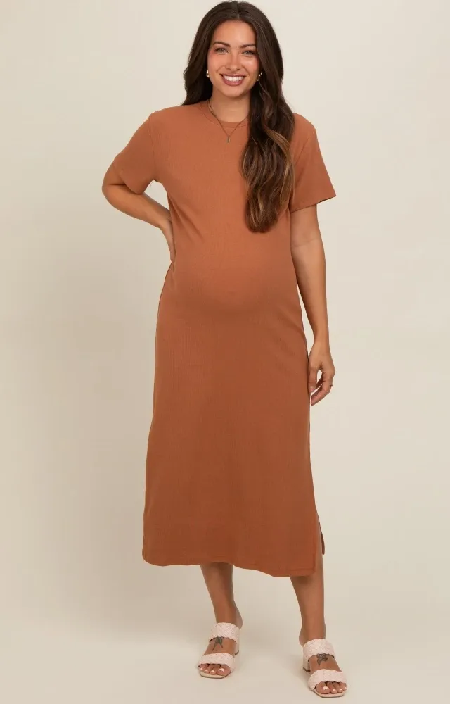 Camel Short Sleeve Side Slit Maternity T-Shirt Midi Dress