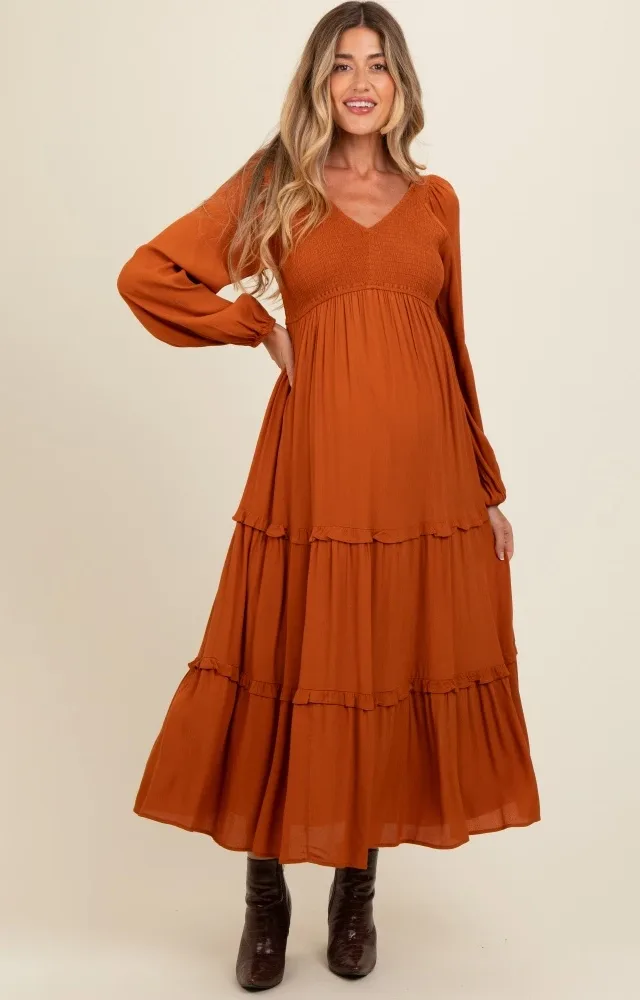 Camel Smocked Tiered Maternity Midi Dress