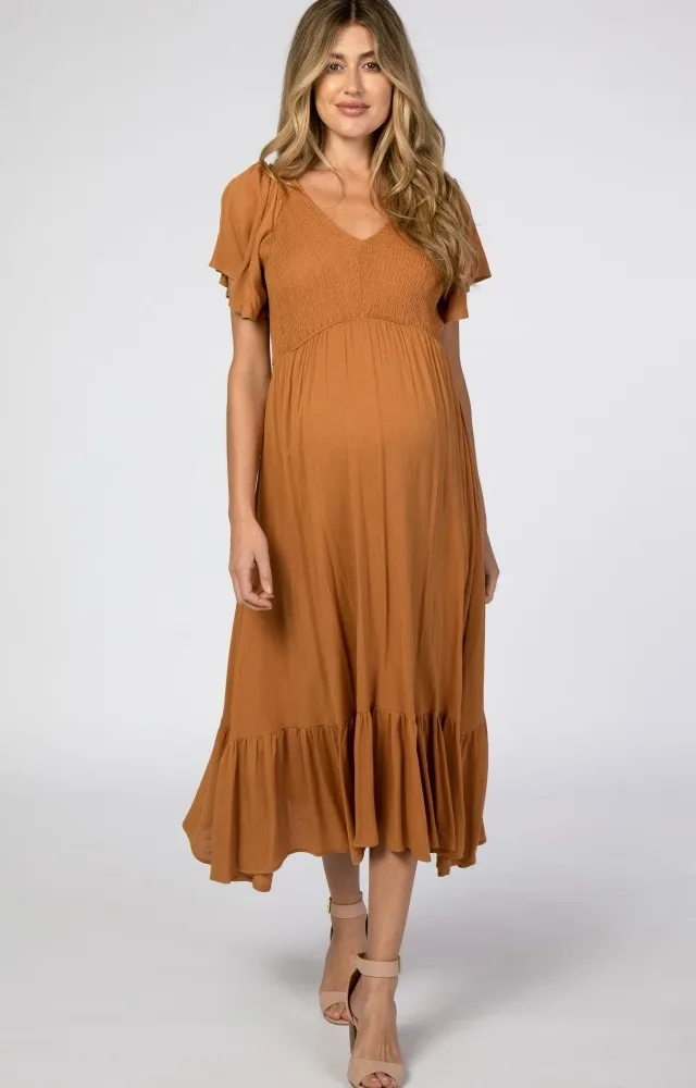 Camel Smocked V-Neck Maternity Midi Dress