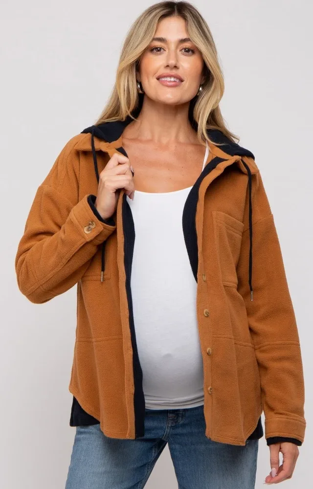 Camel Soft Hooded Maternity Shacket